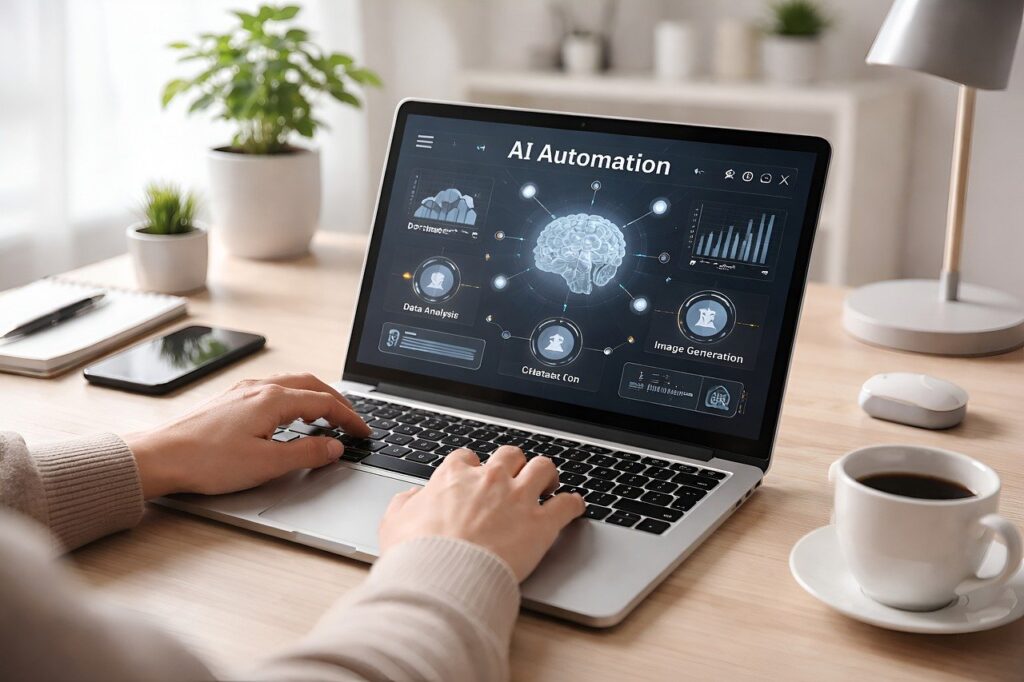 artificial intelligence, automation, machine learning, laptop, workspace, modern design, remote work, desk, productivity, digital workflow, neutral tones, natural lighting, professional, nature, home office, coffee cup, plant, creative workspace, teamwork, office plant